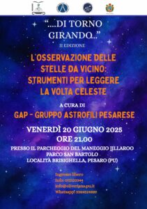 Prossimo incontro della 2a Edizione della Rassegna Culturale  “…DI TORNO GIRANDO…” – “L’Osservazione delle stelle da vicino: strumenti per leggere la volta celeste” – Venerdì 20 giugno ore 21,00 Parco San Bartolo